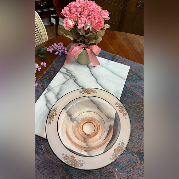 Vintage Pink Satin Glass Reverse Painted Floral Pattern Rim Console Bowl - Picture 3 of 10